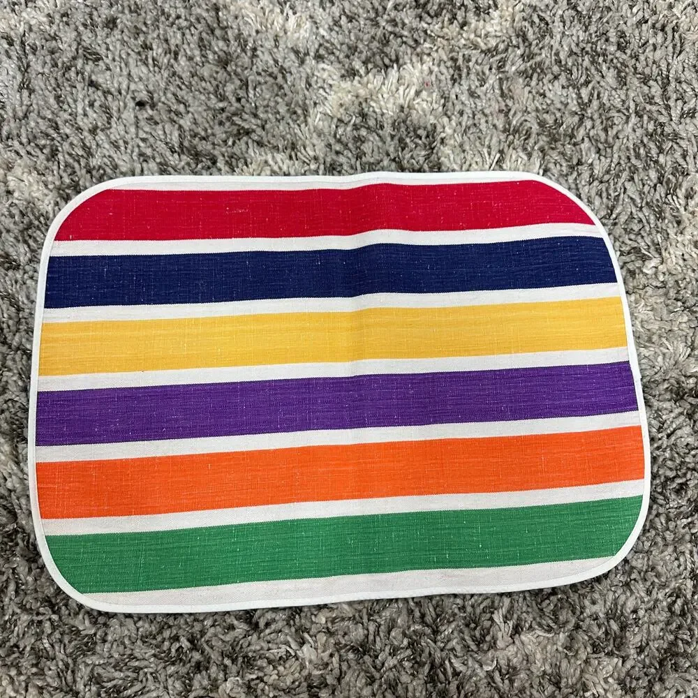 Striped Placemats Round Corners Set of 3 Rainbow Green Striped Picnic Retro